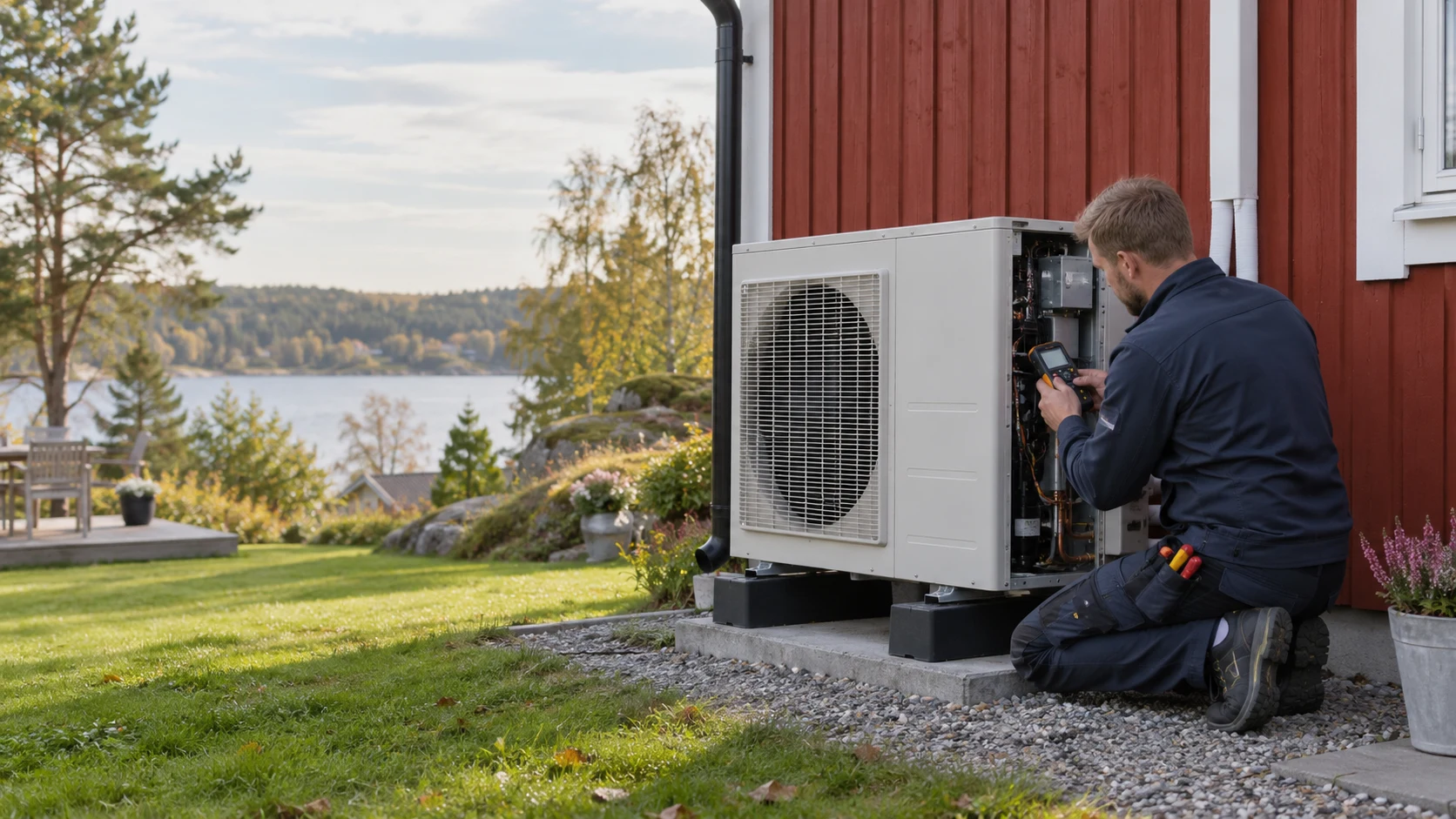Tekniker undersöker en värmepumps utedel
